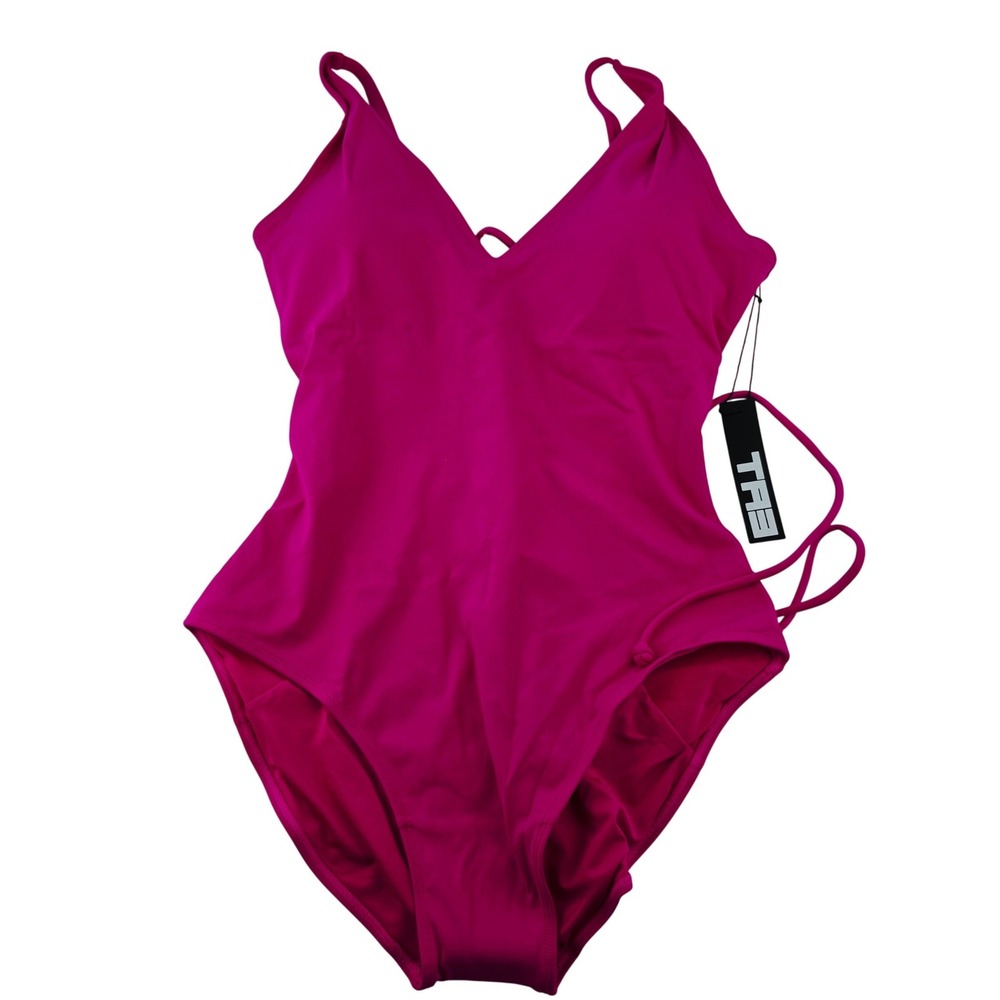 TA3 NWT Plungey Pink One Piece Swimsuit Lace Up Back TA304S 4.0 Size XL Short